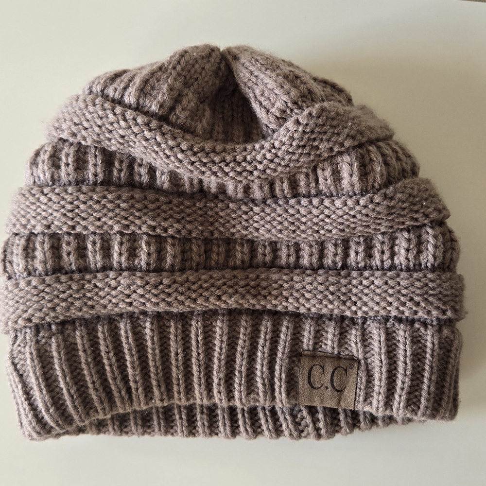 C.C Ribbed Knit Beanie in Taupe